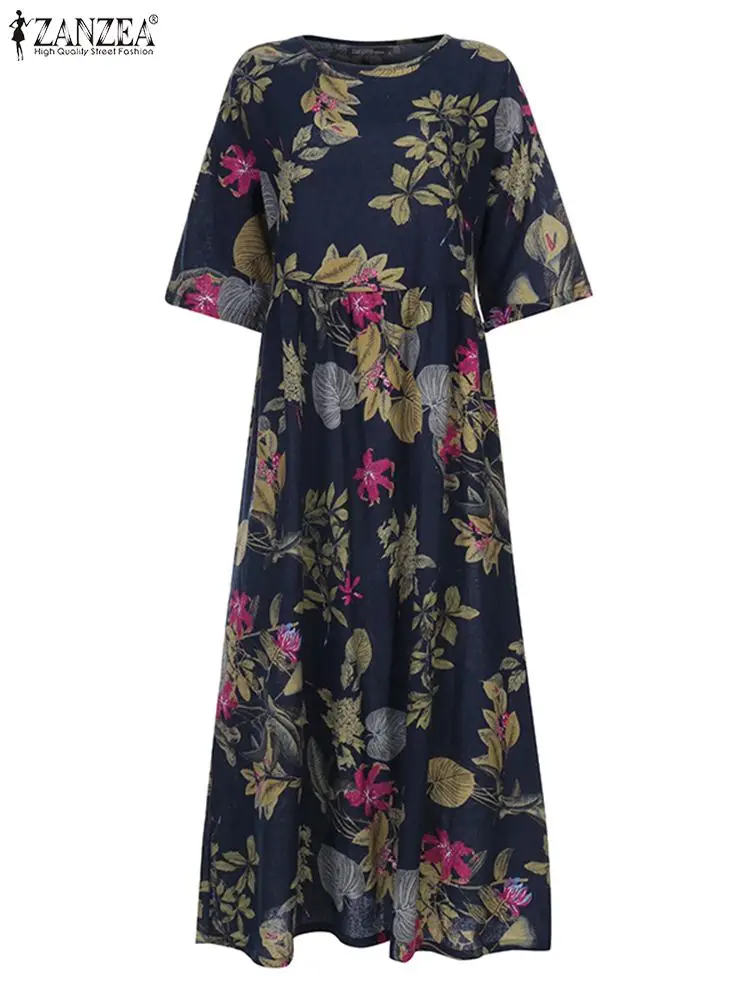 2024 ZANZEA Summer Women Bohemian 3/4 Sleeve Casual Loose Sundress Vintage Floral Printed Party Dress Holiday Vestido Robe Femme