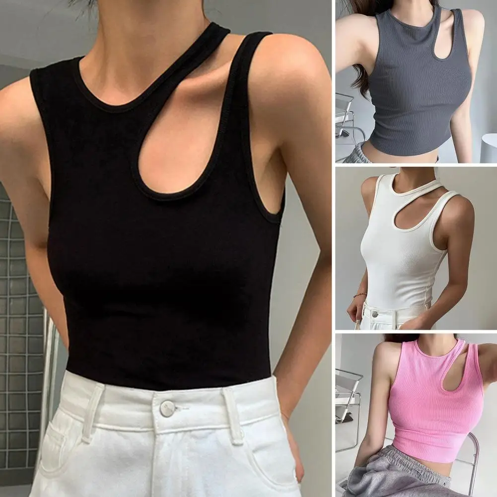 Summer Sexy Vest Women Irregular Hollow Ribbed Camisole O-Neck Sleeveless Slim Fit Tank Tops Irregular Strap Top Женская Куртка