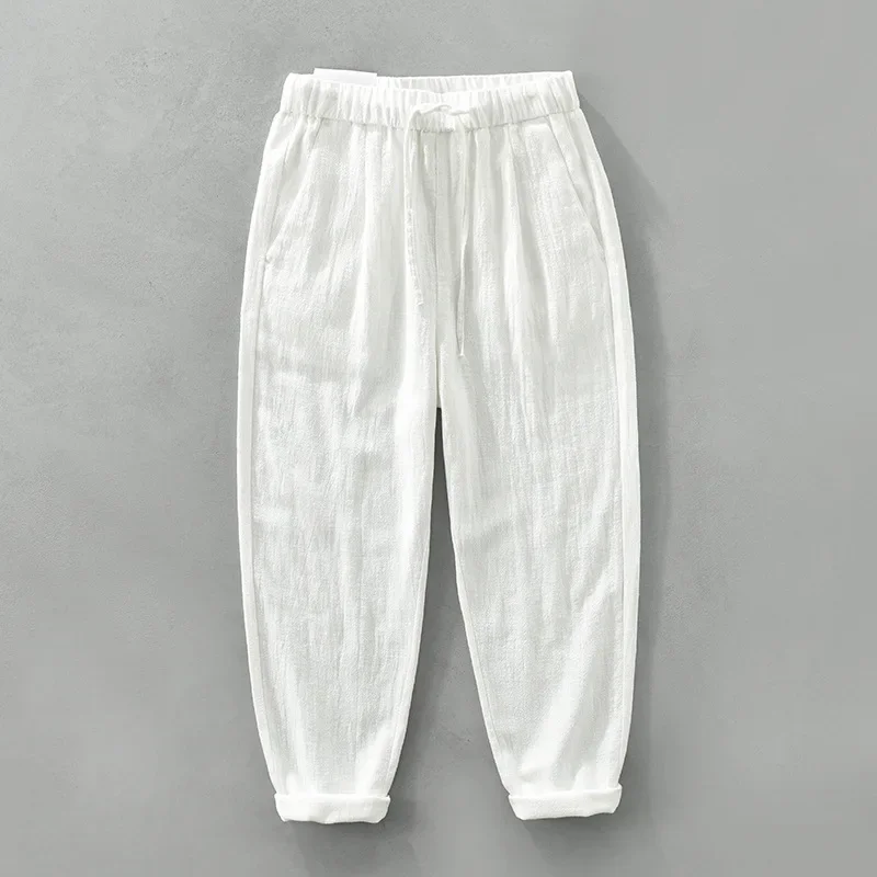 Pantaloni di lino in cotone affusolato Pantaloni casual da spiaggia estivi da uomo Pantaloni in vita elastica con coulisse solida Pantaloni larghi retrò giapponesi