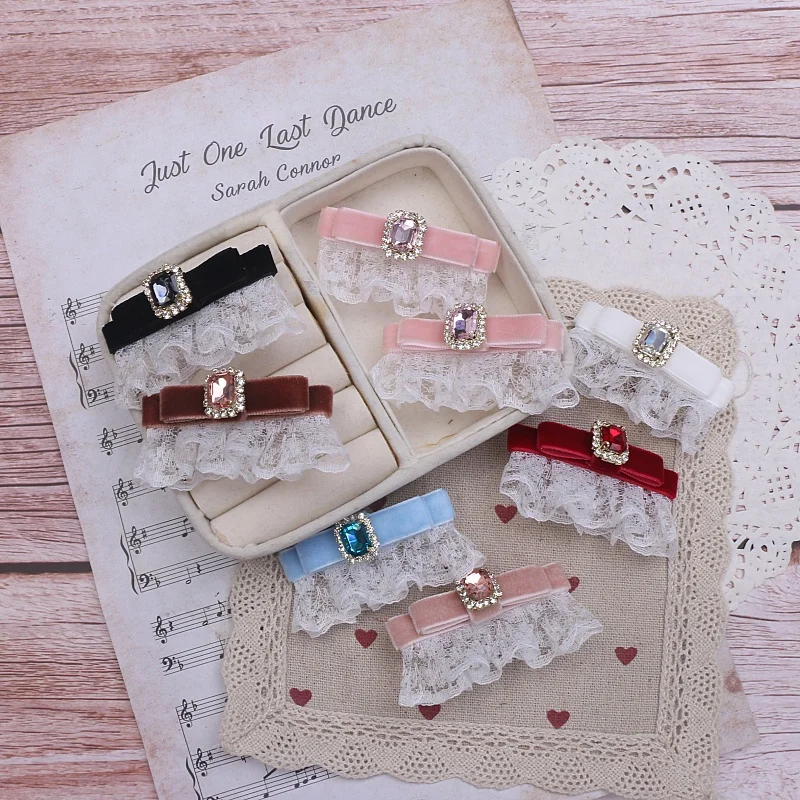 

Vintage Bow with Lace 1 Pair Lolita Headwear Sweet Cute Velvet Rhinestone Hair Accessories y2k Accessories for Girl Hairpin