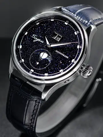 Sugess Origin ST2528 Movement Mechanical Wristwatch Men Watch Luxury Real Blue Stone Dial Stainless Steel Case Moonphase Clock
