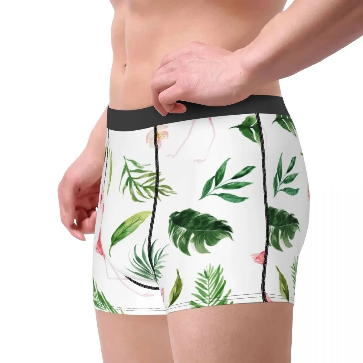 Ropa interior de flamencos tropicales para hombre, calzoncillos divertidos, Bóxer, bragas transpirables, hojas de palma, acuarela