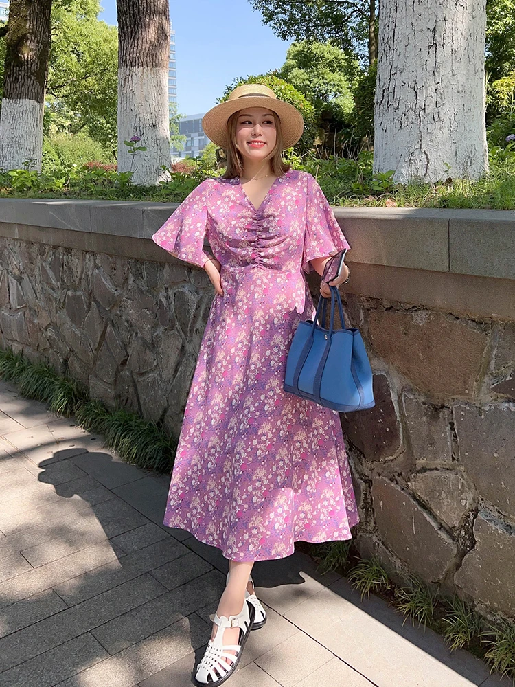 

Vogana Original Large Size A-Line Dr with V-Ne Waist Cinching Pleated Sve Floral Print Korean Sle Summer Dr