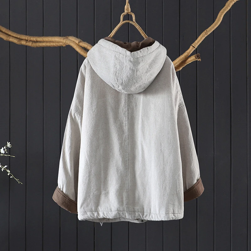 Women Cotton Linen Hooded Coats New Arrival 2026 Winter Simple Style Solid Color Loose Female Thick Warm Quilted Jackets M3088