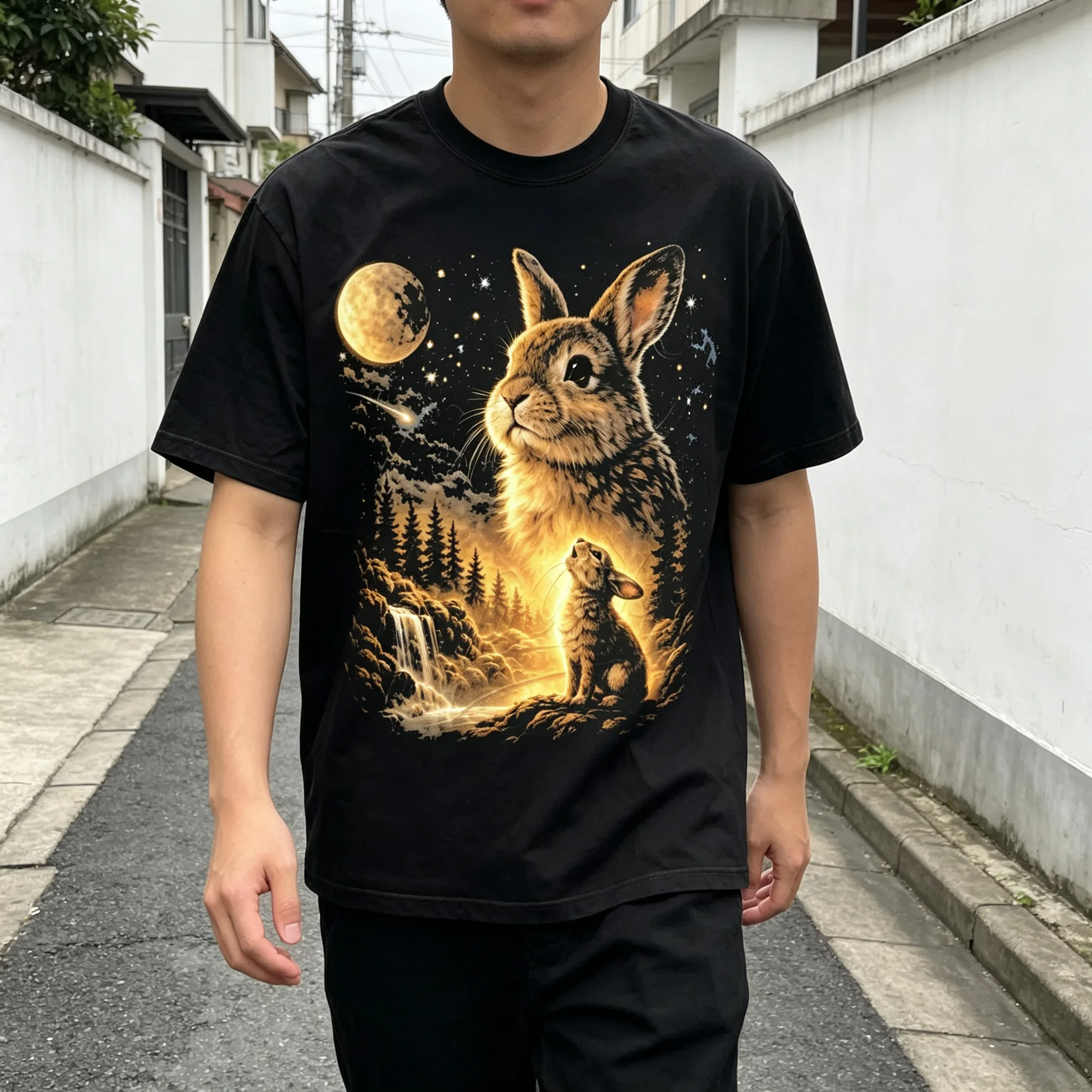 Vintage Moonlit Wild Rabbit Forest Waterfall Starry Night Graphic T‑Shirt Nature Wildlife Aesthetic Casual Short‑Sleeve Tee