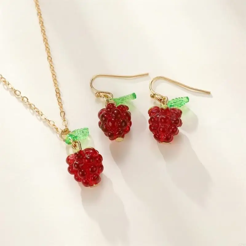 Stylish Raspberry Necklace and Earrings Set Fruit Pendant Accessories for Women