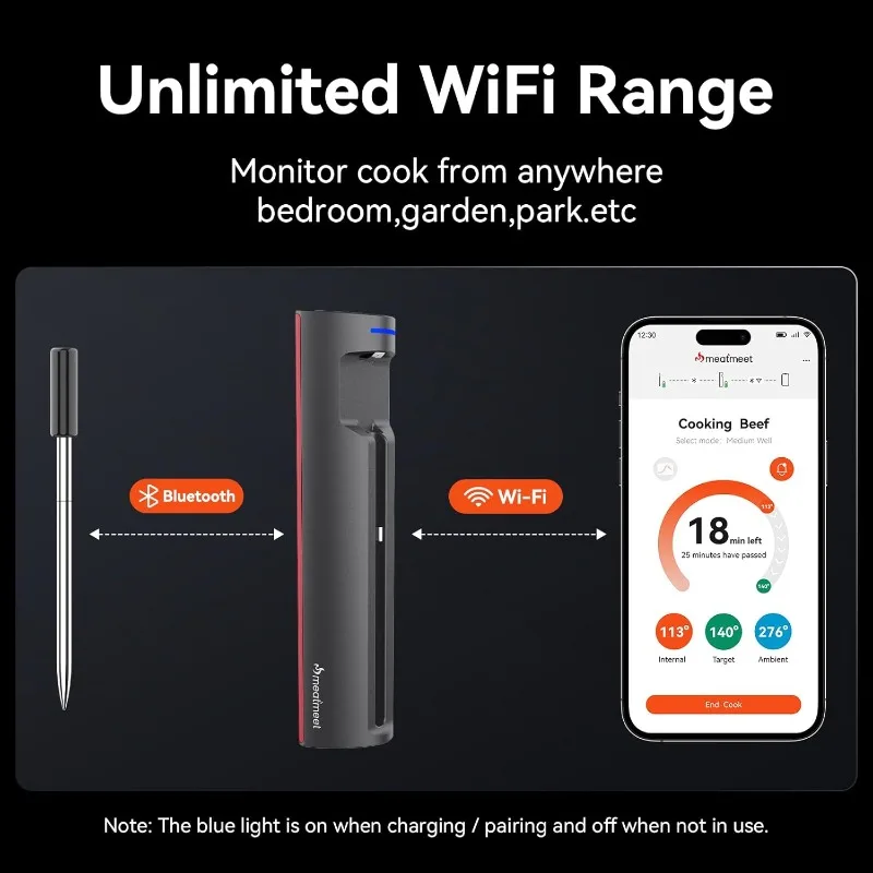 Pro Smart WiFi Wireless Meat Thermometer, Unlimited Range, Improved Stability, Ultra-Thin Probe, Bluetooth Digital Food