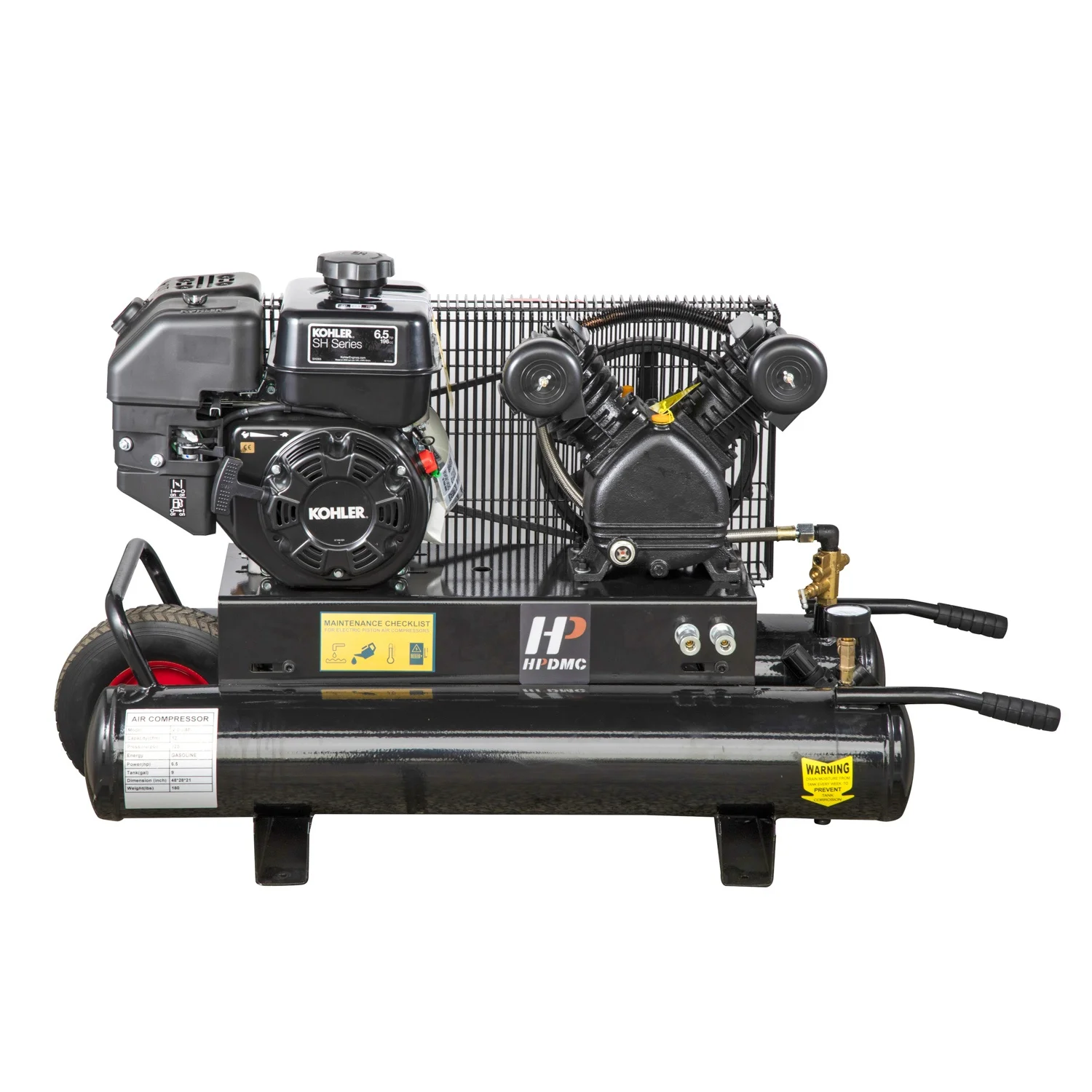 6.5HP Gas Driven Piston 9Gal Tank Grade Belt Driven Portable Air Compressor With KOHLER Engine Wheelbarrow Twin 12cfm 125psi