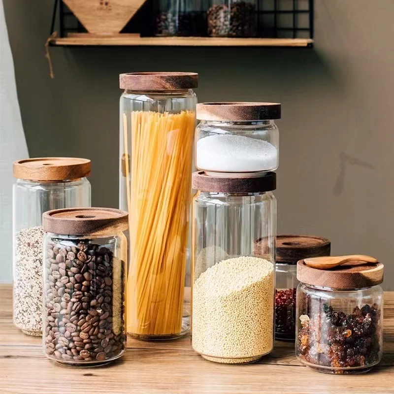 

Glass Storage Jar Container Wooden Lid Sealed Candy Food Container Bottle Coffee Bean Pasta Grain Oatmeal Jar High-capacity