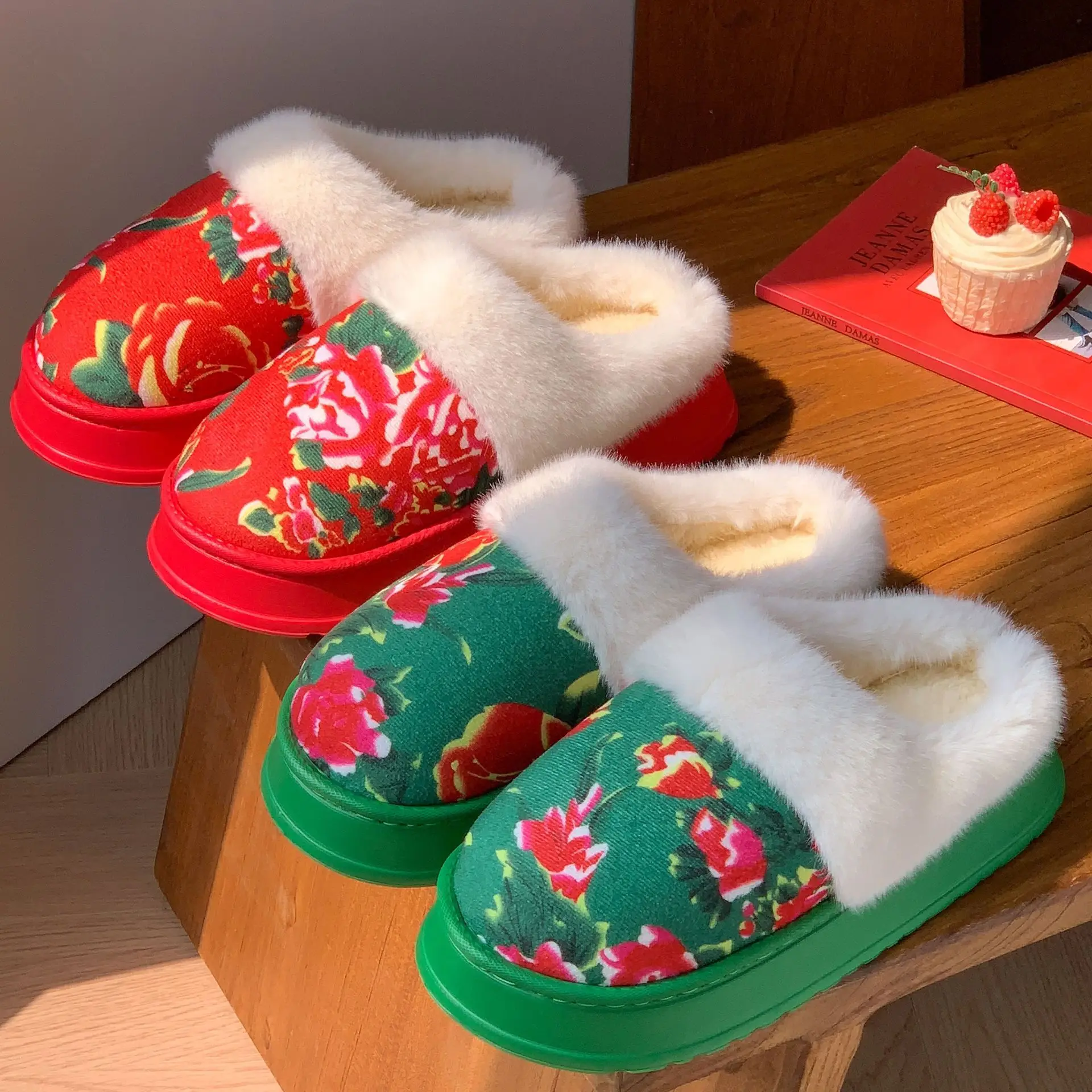 Vintage Floral Women Plush Slippers Winter Warm Furry Booties Thick Anti Slip Indoor Outdoor Home Flower Footwear Cotton Shoes