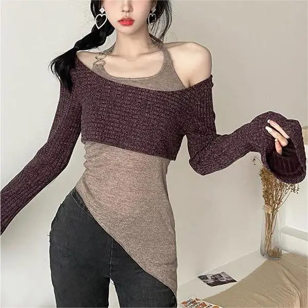 Autumn Winter New Style Women's Pure Color Two-Piece Set Irregular Slimming Knitted Dressing Gown Sexy Girl Suit High Waist