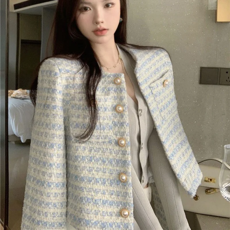 Casual Tops Fashion Tweed Striped Jackets for Women 2023 Ropa Mujer Temperament Tunic Vintage Korean Coat Women\'s Clothes