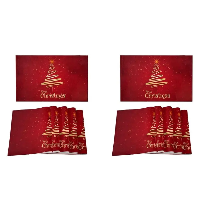 ABFU-Merry Christmas Tree Placemats Set Of 12,Non-Slip/Wipe Clean Linen Dining Table Mat Set,Heat-Resistant Table Liner