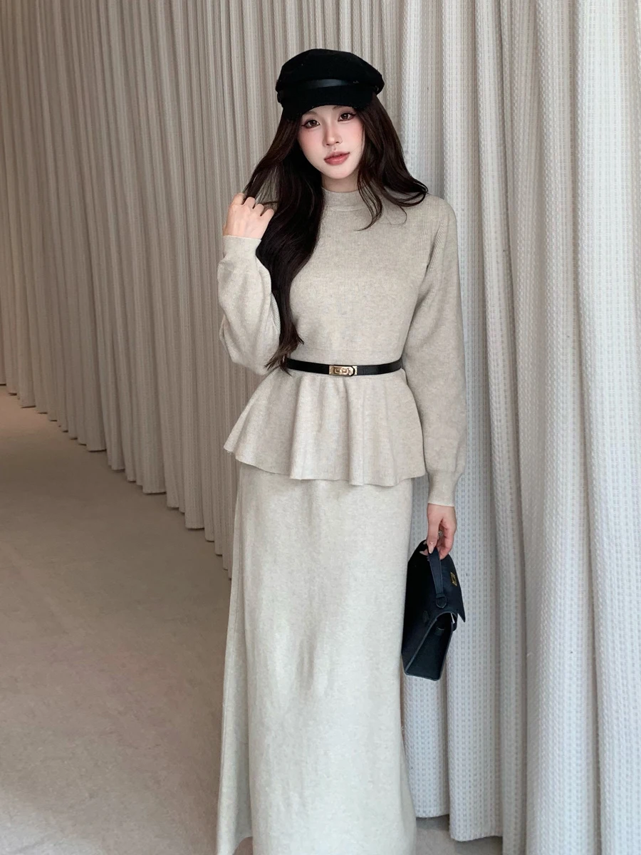 Korean Style Long Sleeve Knitted Two-Piece Set with Belt round Neckline Hip-Hugging Over-Knee Skirt And Top Matching