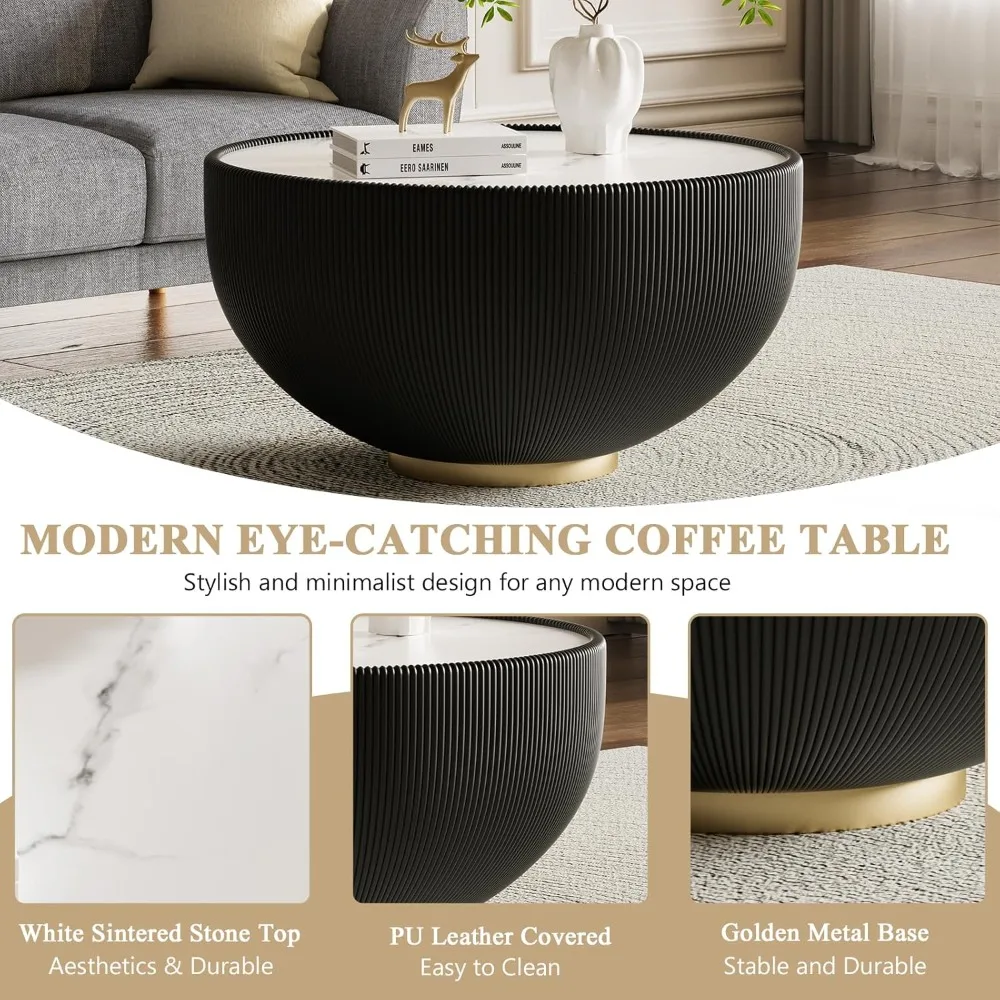 29,53 Круглый мраморный журнальный столик, современный рифленый журнальный столик с белой столешницей из спеченного камня, черной искусственной кожей и золотым металлом