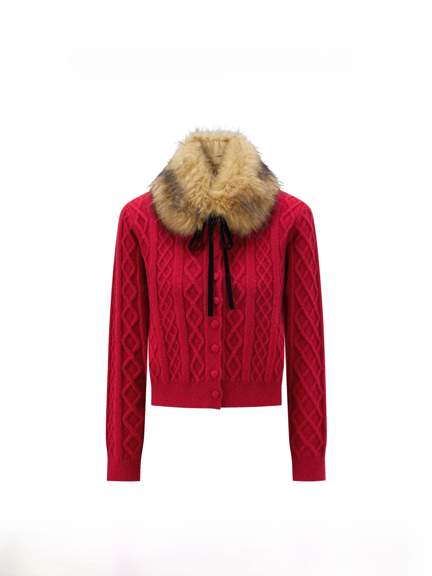 

Винтажный красный вязаный кардиган Canton S для женщин, приталенный зимний свитер с меховым воротником, новогодняя модная верхняя одежда