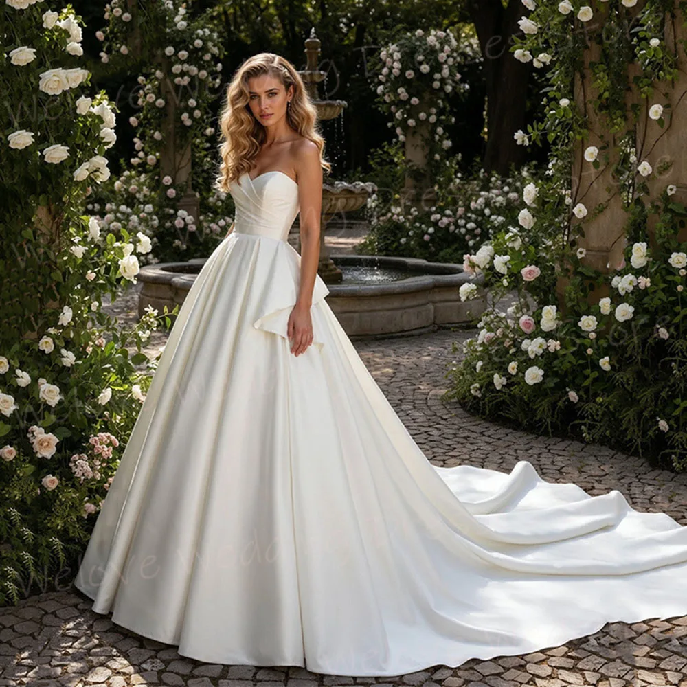 

Sexy A Line Women's Wedding Dresses Sweetheart Sleeveless Satin Robe De Mariée Customized Backless Bride Gowns Vestido De Novia