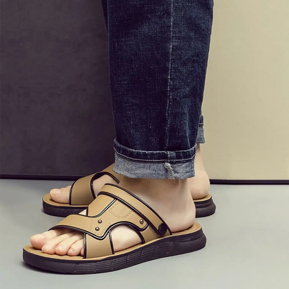 

Универсальные лоскутные тапочки на плоской платформе, нескользящие шлепанцы на мягкой подошве, мужские пляжные сандалии, летние сандалии с пряжками на щиколотке из ПВХ