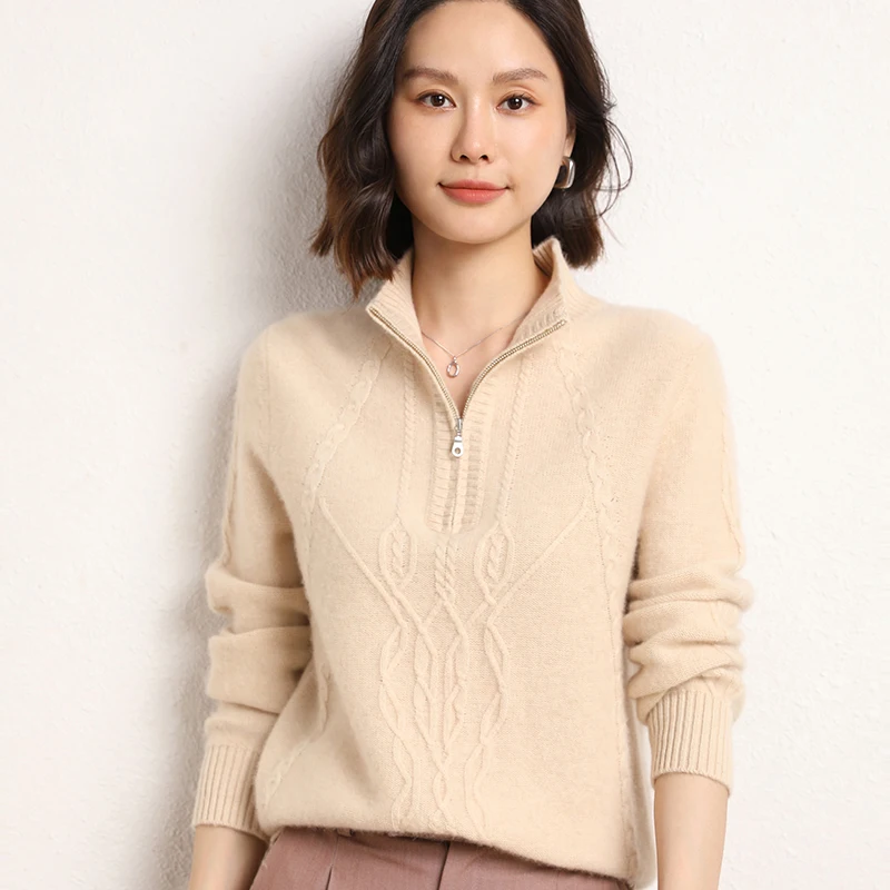 100% cashmere sweater women's zipper half-open collar autumn and winter new bottoming shirt long sleeve fashion pullover sweater