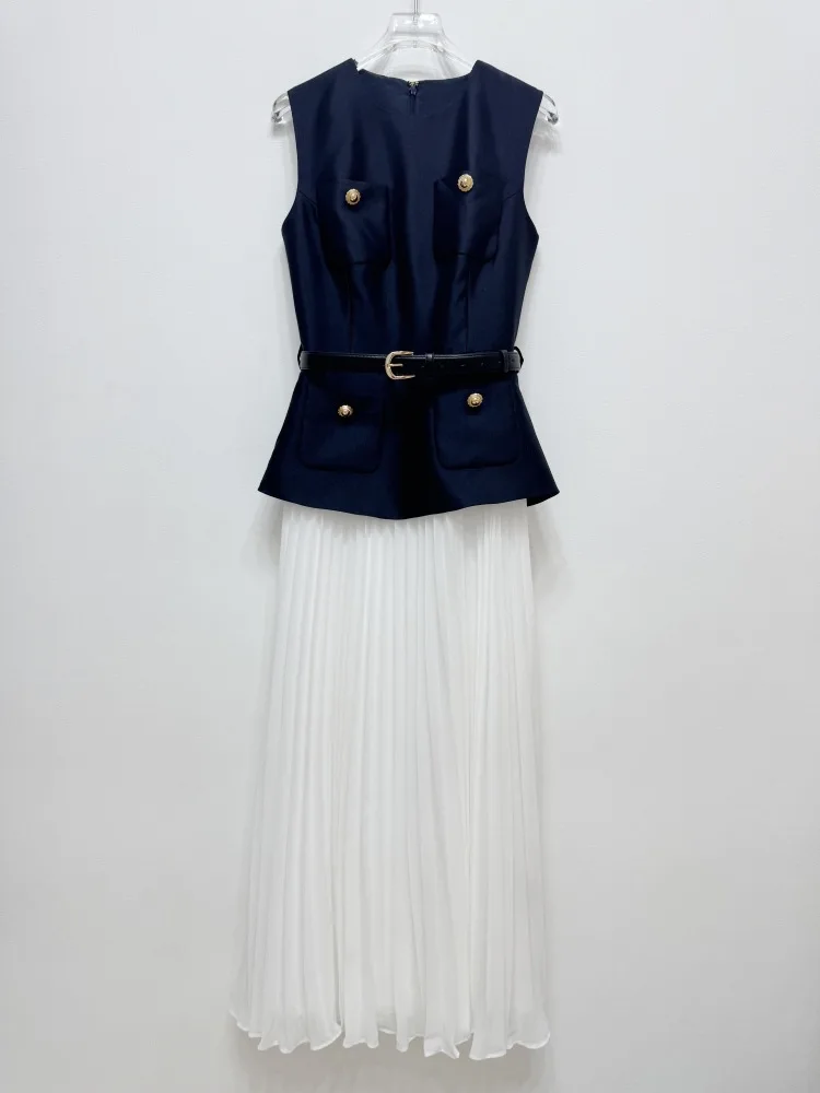 

Цельное платье 2024, осеннее модное длинное платье, женское сине-белое цветное платье с поясом, деко, элегантное длинное вечернее плиссированное платье макси