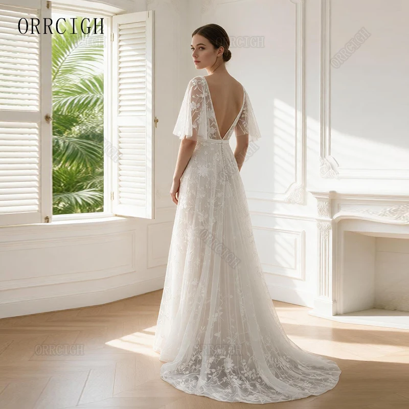 Romantic Lace Wedding Dresses for Bride 2027 Flutter Sleeve V Neck Bridal Gown Backless Customizable Robe de mariée