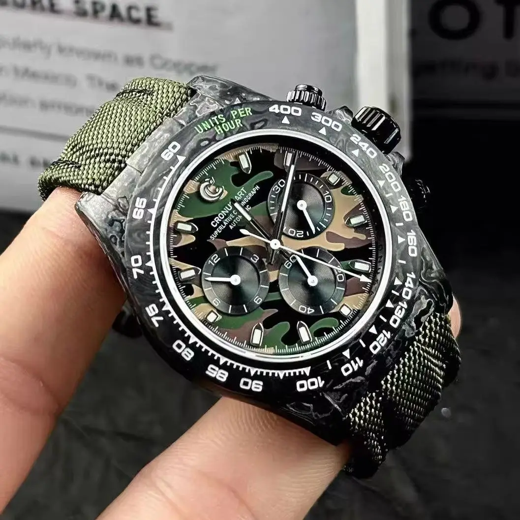 CRONUSART Men Chronograph Watch 40mm Automatic Mechanical Wristwatch Carbon Fiber Case Sapphire Mirror Luminous Camouflage Dial