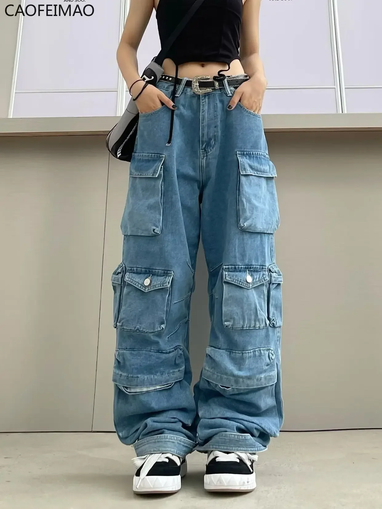 Multi-Pocket Blue Washed Cargo Pants Y2k Retro High Street Fashion High Waist Jeans Couple Harajuku Simple Casual Wide Leg Pants