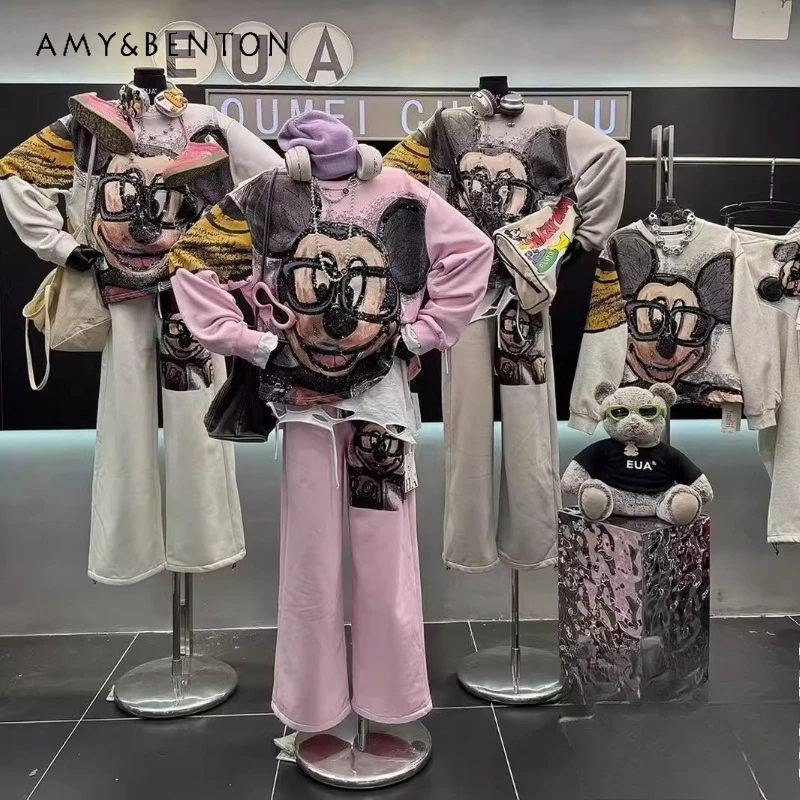 

2025 Winter New Heavy Beaded Cartoon Print Fleece Sweatshirt For Ladies Loose Design Sense Youthful Top Y2k Long-sleeves Hoodies