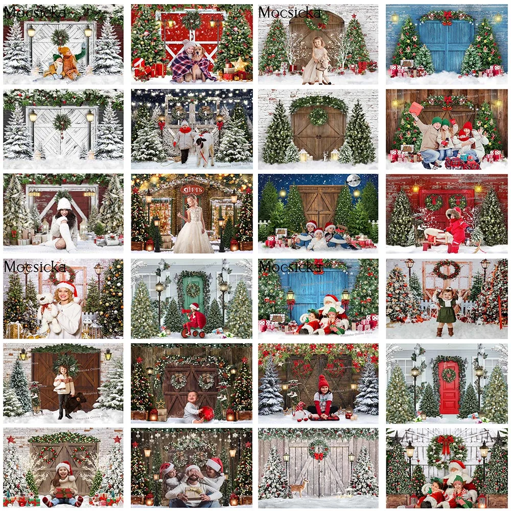 

Rustic Wooden Door Christmas Backdrop Winter Snow Merry Xmas Party Banner Background Decor Portrait Photography Photo Studio