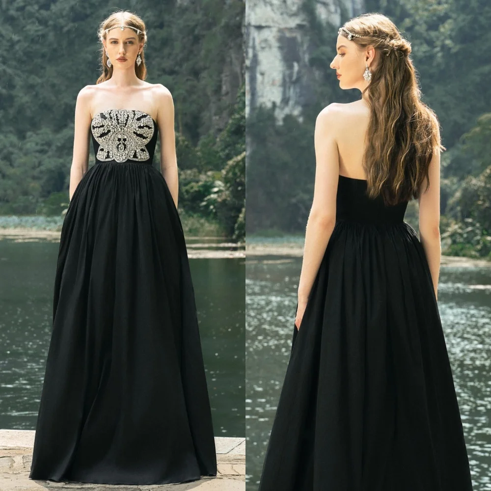 Customized Jersey Sequined Ruched Formal Evening A-line Strapless Bespoke Occasion Gown Long Dresses