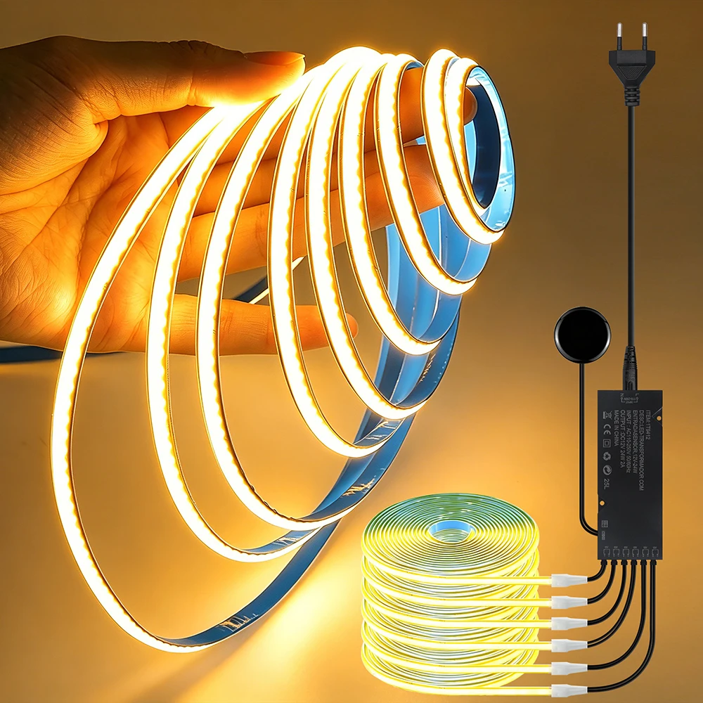 12V 24V COB Flex LED Strip Cabinet Light with Hand Sweep Sensor Switch EU Power Plug Kit Free Cut 400LEDs/m 3000K 4000K 6000K