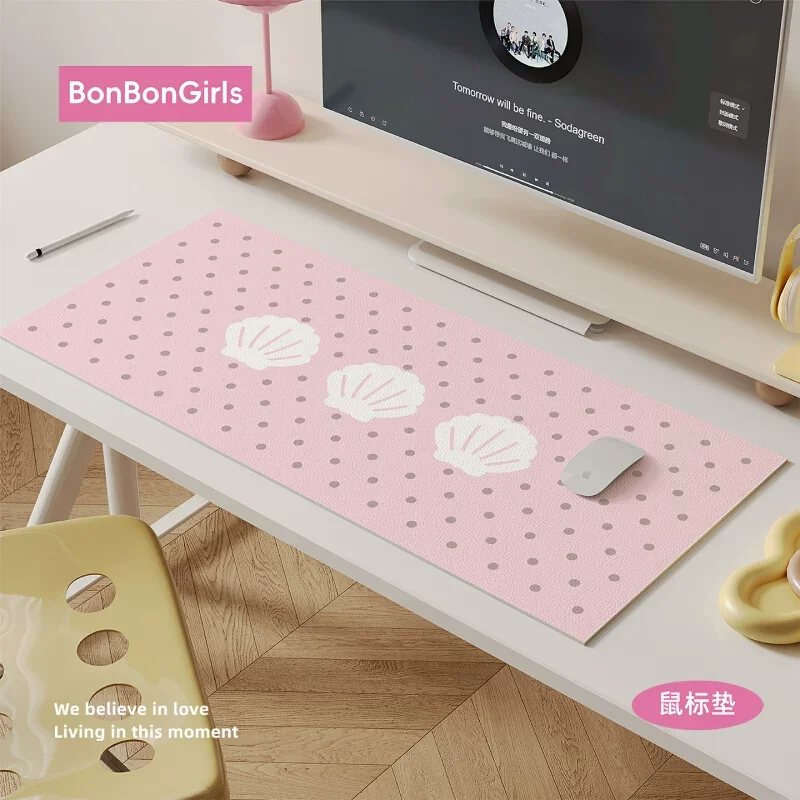 Leather Desk Pad Protector Pink Polka Dots Shell Pink Girl Y2K Mouse Pad Office Desk Mat Waterproof Non-Slip PU Desk Blotter Pad