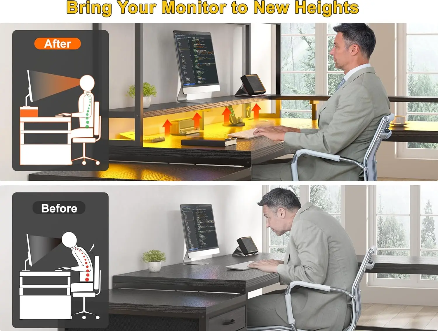 مكتب ألعاب كبير على شكل حرف L مع قفص وأدراج، مكتب على شكل حرف L مقاس 64 بوصة مع أرفف تخزين وحامل شاشة وإضاءة LED للمنزل #6