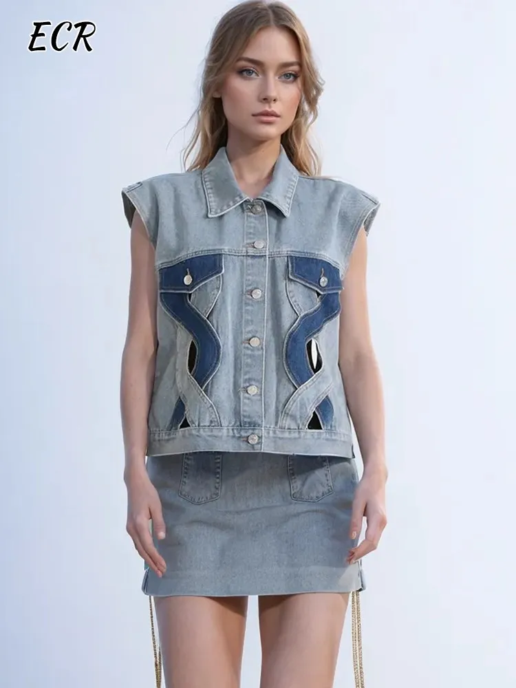 

ECR Hollow Out Colorblock Denim Waistcoats For Women Lapel Sleeveless Spliced Buttons Loose Casual Vests Female Fashion Style