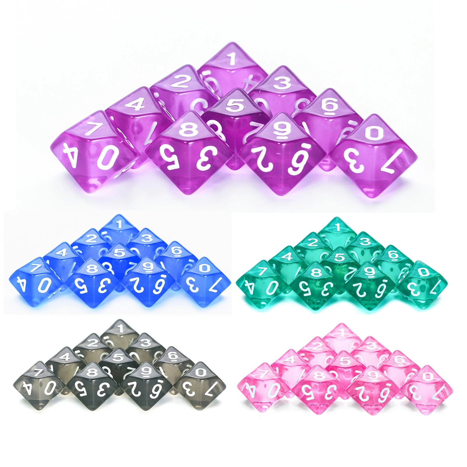 10Pcs 10 Sided Transparent Color Dice Set, Plastic D10 for Role Playing Board Games - Gaming Accessories