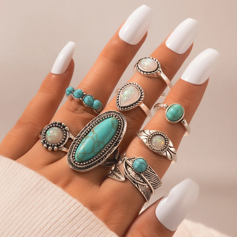 Tocona Vintage Antique Green Stone Joint Ring Set for Women Men Clear Crystal Party Bohemian Jewelry Accessories Anillo 6225