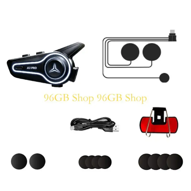 96GB Motorcyclist Communication Headset with Wireless Connection, Built-In Rechargeable Battery, Calls, and Music Playback