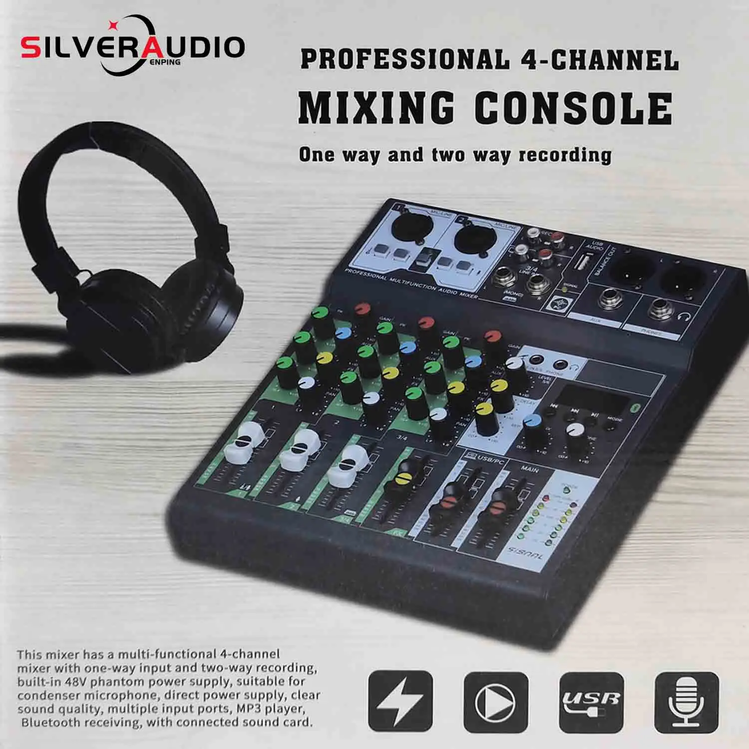 

GAX-6BT Guitar Amplifier BT/MP3 Player Mixer, Suitable For Music Production Small Concert Webcast Built-in 48V Power Supply