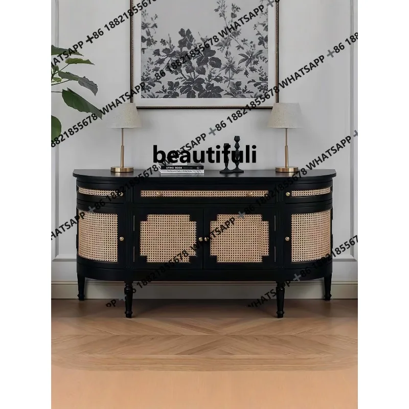 

Light luxury rattan entrance black four-door storage cabinet Versatile vertical second-hand solid wood storage cabinet
