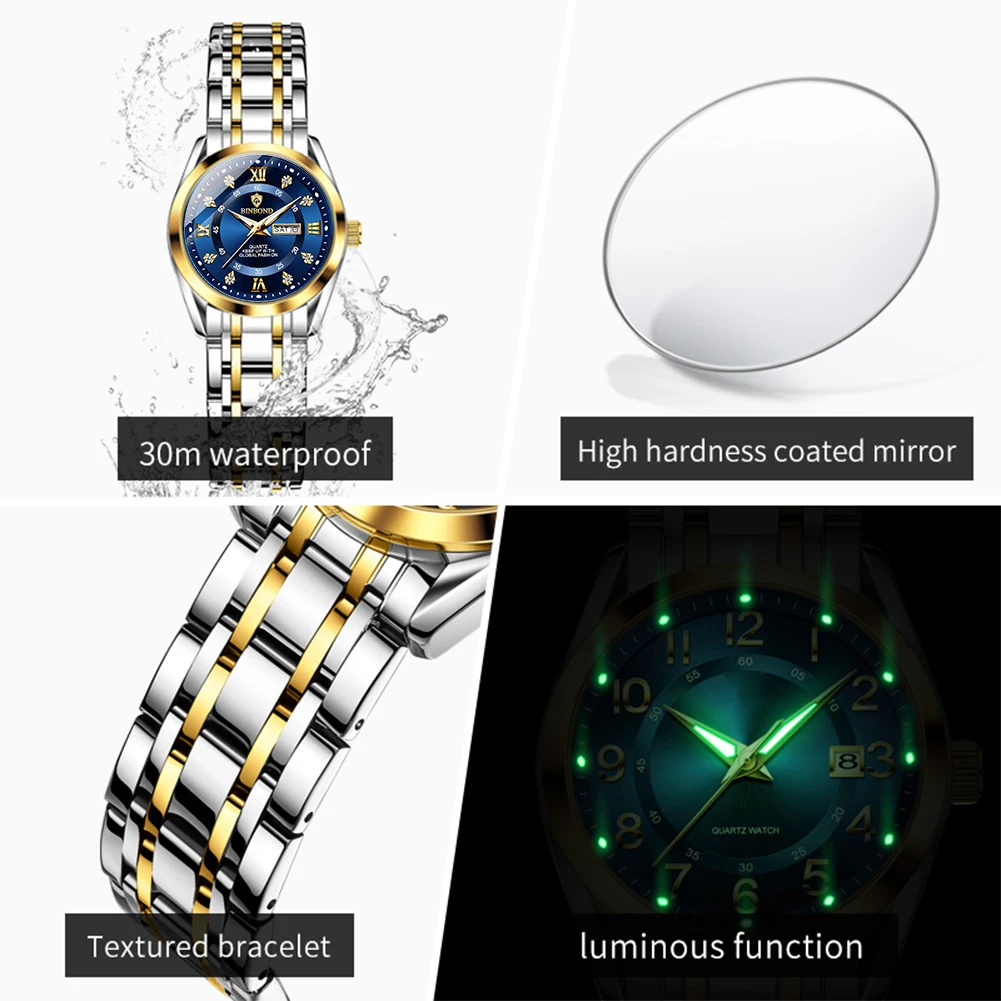 BINBOND Women's Watches B7169L Luxury Fashion Original Quartz Watch for Lady Waterproof Luminous Date Week Dual Calendar Trend