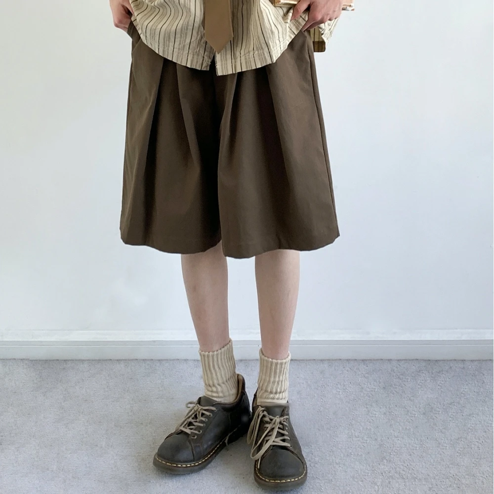 Japanese Vintage Casual Shorts Unisex Summer Oversized Preppy Korean Style Pleated Mid Length Cotton Loose Fit Pants Men Women