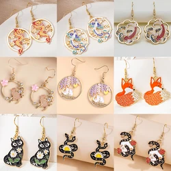 Cute Animal Snake Rabbit Koi Cat Ethnic Earrings For Women Girls Enamel Painted Colorful Delicate Gold Color Earrings Jewelry