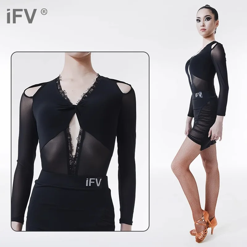

customized mesh long sleeved black exercise suit IFV female adult Leotard top jumpsuit art exam Latin dance costume