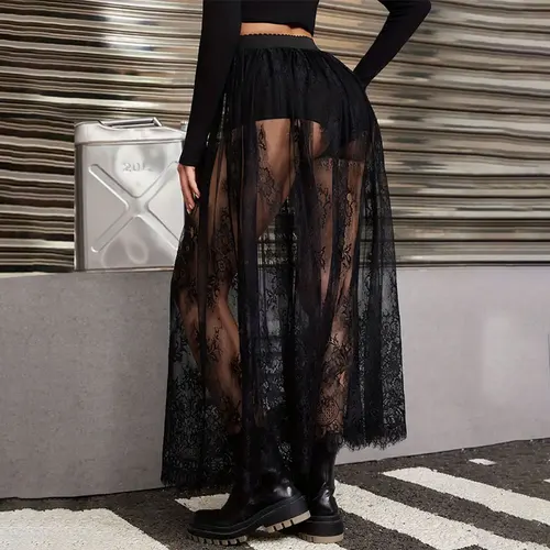 Imagen 2 del producto Vestido elegante de noche para fiesta, vestidos sexys de encaje para mujer, vestido largo transparente, falda negra de moda gótica de Lolita 2024