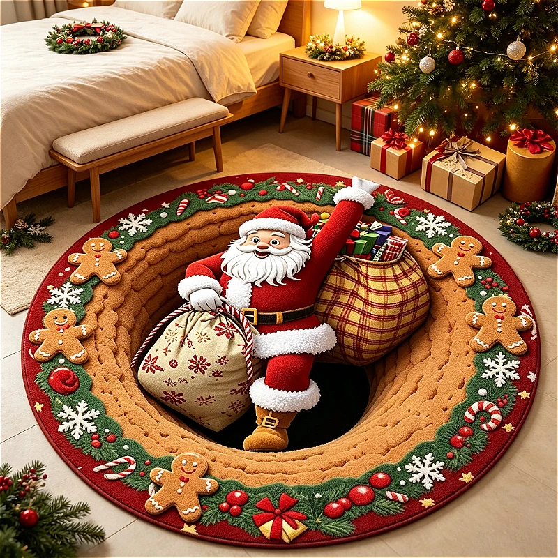 Christmas Round Floor Mat Funny Stocking Print Doormat Scalloped Xmas Tree Rug Home Decor for Bedroom Xmas Holiday Decoration