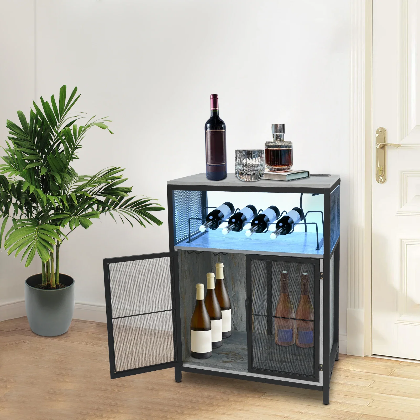 

Industrial Vintage Style Free Standing Wine Rack Table with RGB Lights, Built in Power Outlet, Liquor Cabinet with Glass Holder,