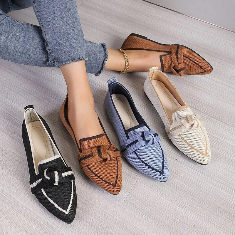 Women's Shoes Loafers Bowtie Ballet Flats Pointed Toe Barefoot Slip-on Sandals Casual Flat Heel Luxury Brand Woman Shoe