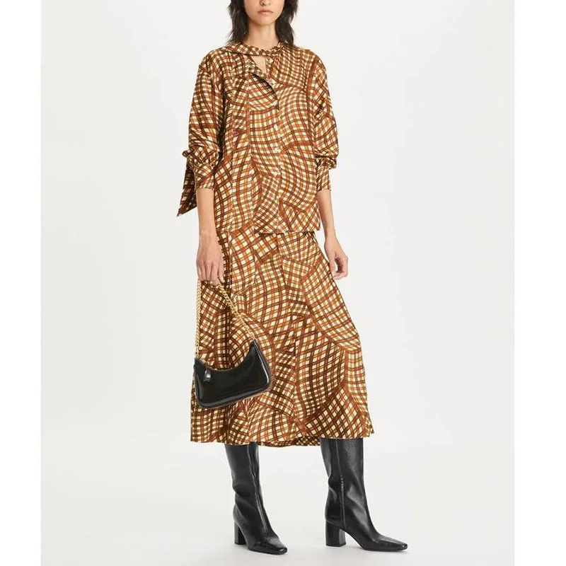 

Spring New Retro Silk Two Piece Sets Women's Top Quality Ribbon Lapel Printed Shirts Classic High Waist A-line Skirt Suit Runway