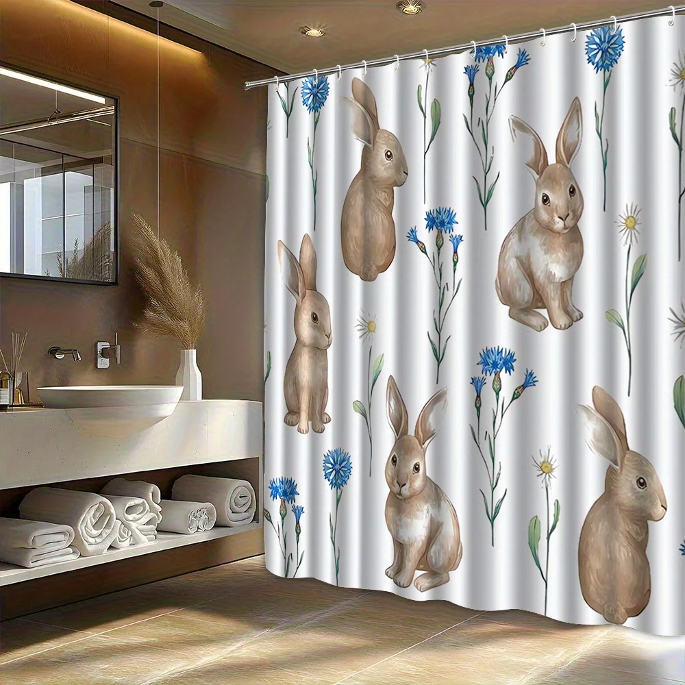Watercolor Rabbit Shower Curtain Cute Bunny Blue Flower Print Waterproof Bathroom Decor, Farmhouse Animal Lover Home Bath Screen