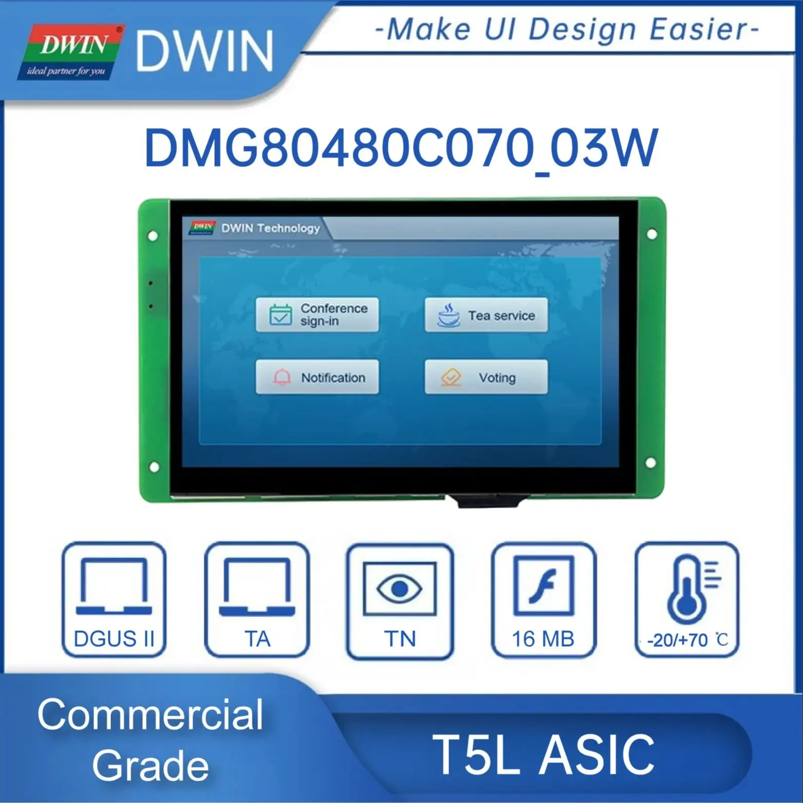 Dwin 7.0-Inch Uart Tft Touch Module Hmi Display 800*480 Commerciële Grade 262K Kleuren Rgb Interface TV-TN-TFT-LCD Smart Screen